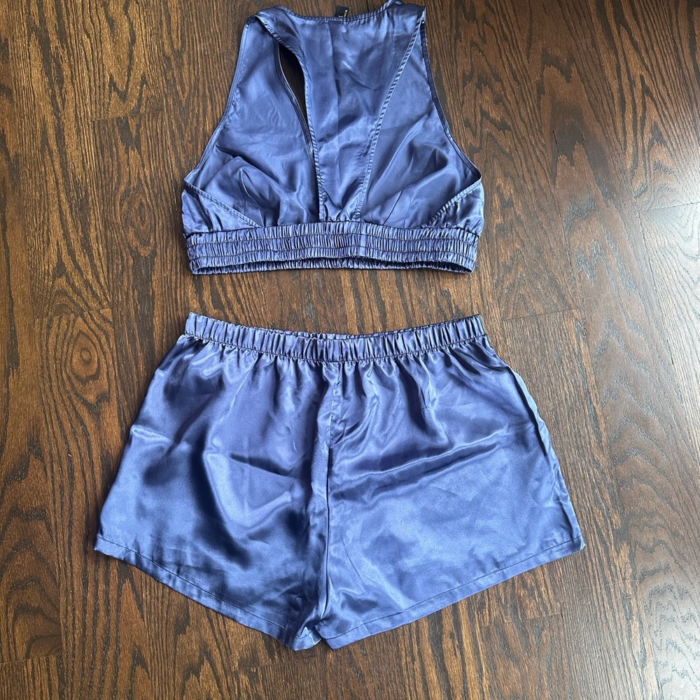 JUST SEXY LINGERIE Midnight Blue Satin Bralette And Shorts Set - Picture 2 of 2